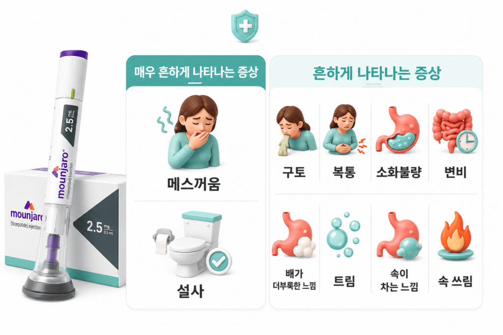 마운자로 부작용인 메스꺼움, 설사 등 소화기 증상 목록 인포그래픽