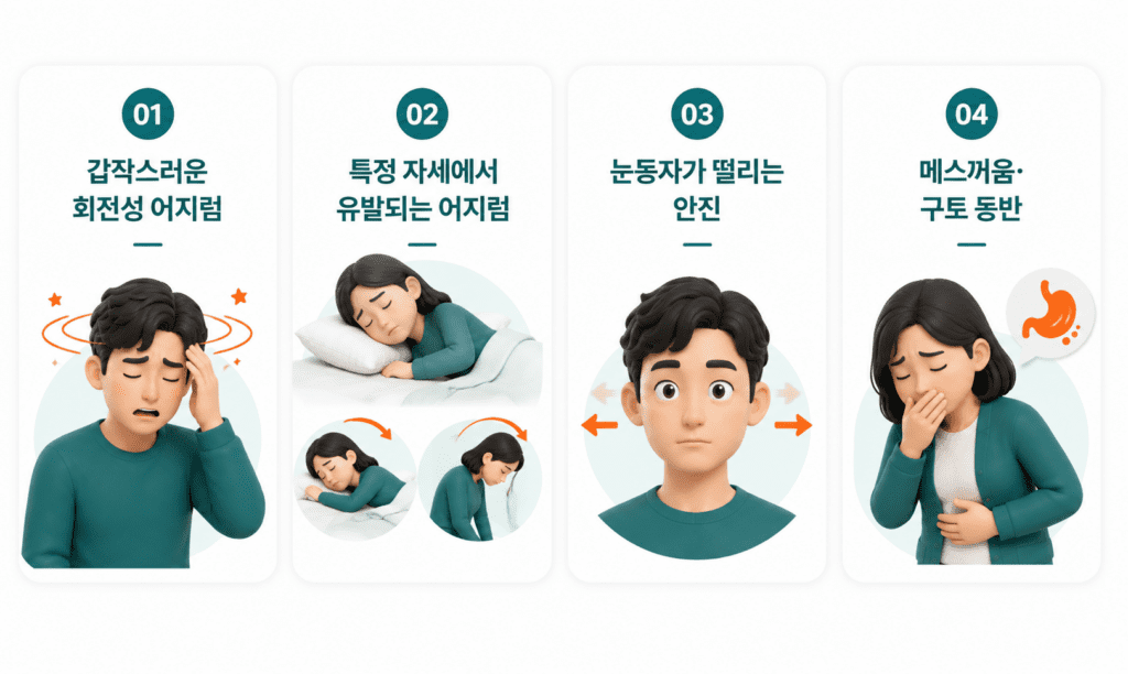 이석증 초기 증상 4가지 인포그래픽 - 갑작스러운 회전성 어지럼, 특정 자세에서 유발되는 어지럼, 안진, 메스꺼움·구토 동반을 단계별로 설명
