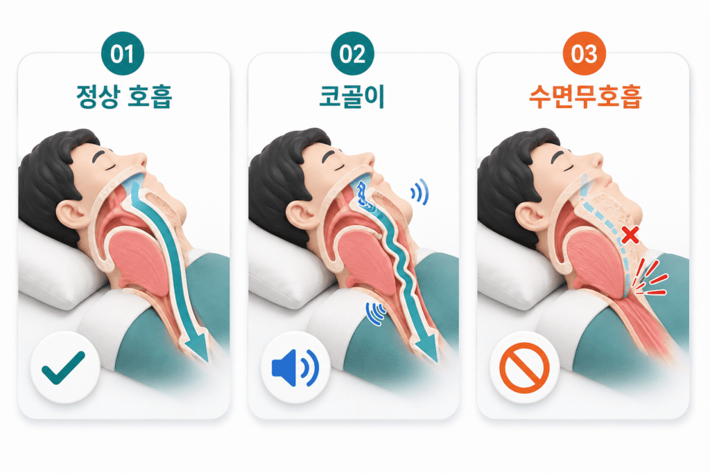 정상호흡, 코골이, 수면무호흡 비교하기