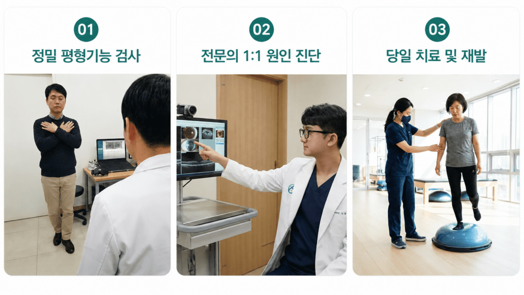 평택 이석증 진료 과정으로 평형기능 검사, 전문의 원인 진단, 당일 치료를 보여주는 3단계 안내