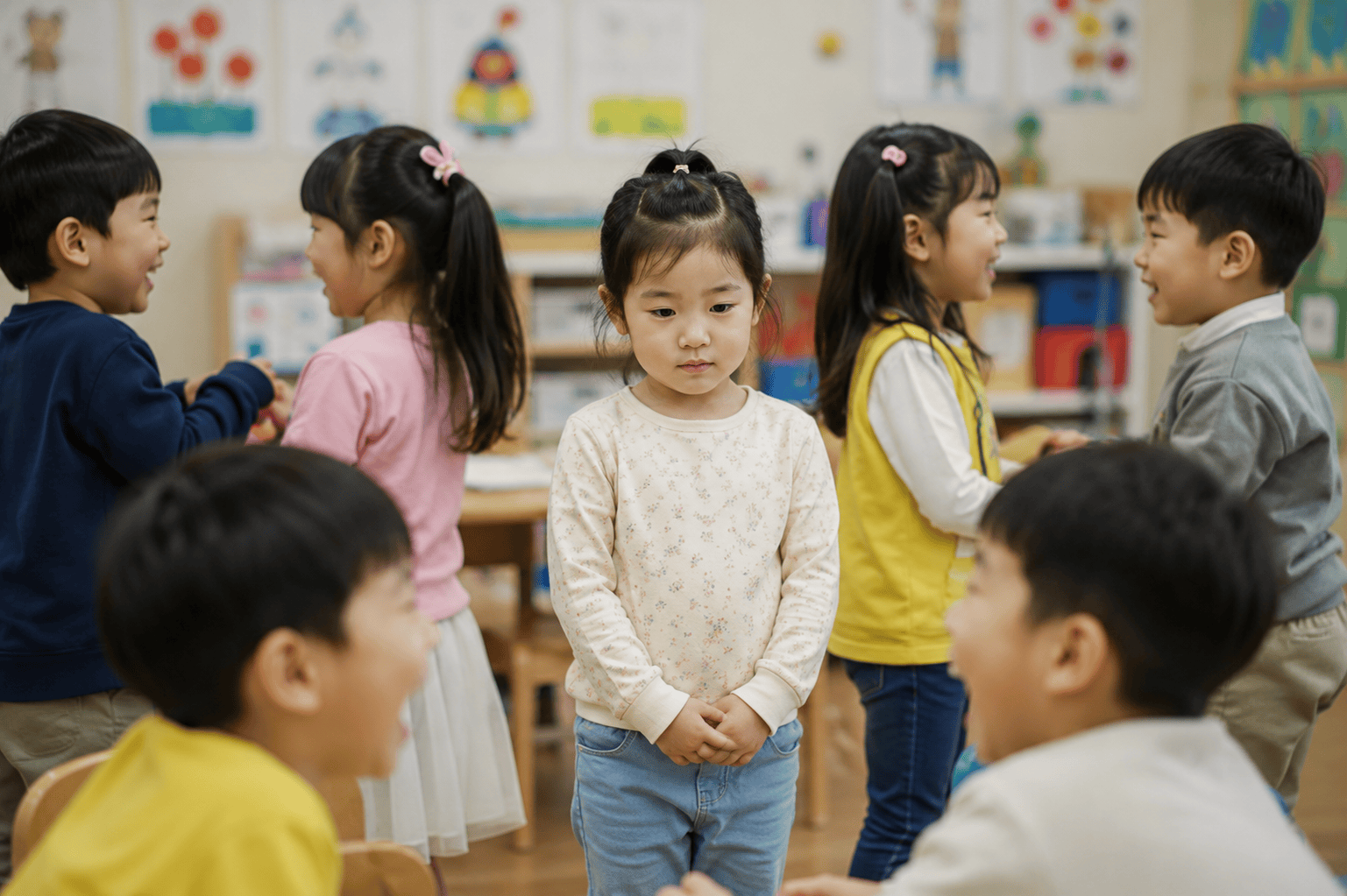 주변 아이들은 밝게 웃지만, 중앙의 한 아이는 무표정하게 홀로 서 있다.