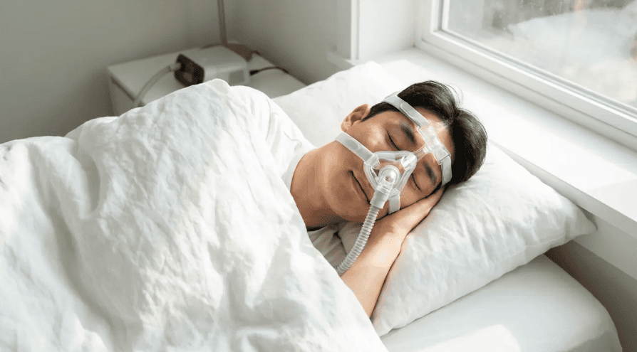 양압기 마스크를 쓰고 침대에 잠든 남자 옆 협탁에 놓인 양압기.
