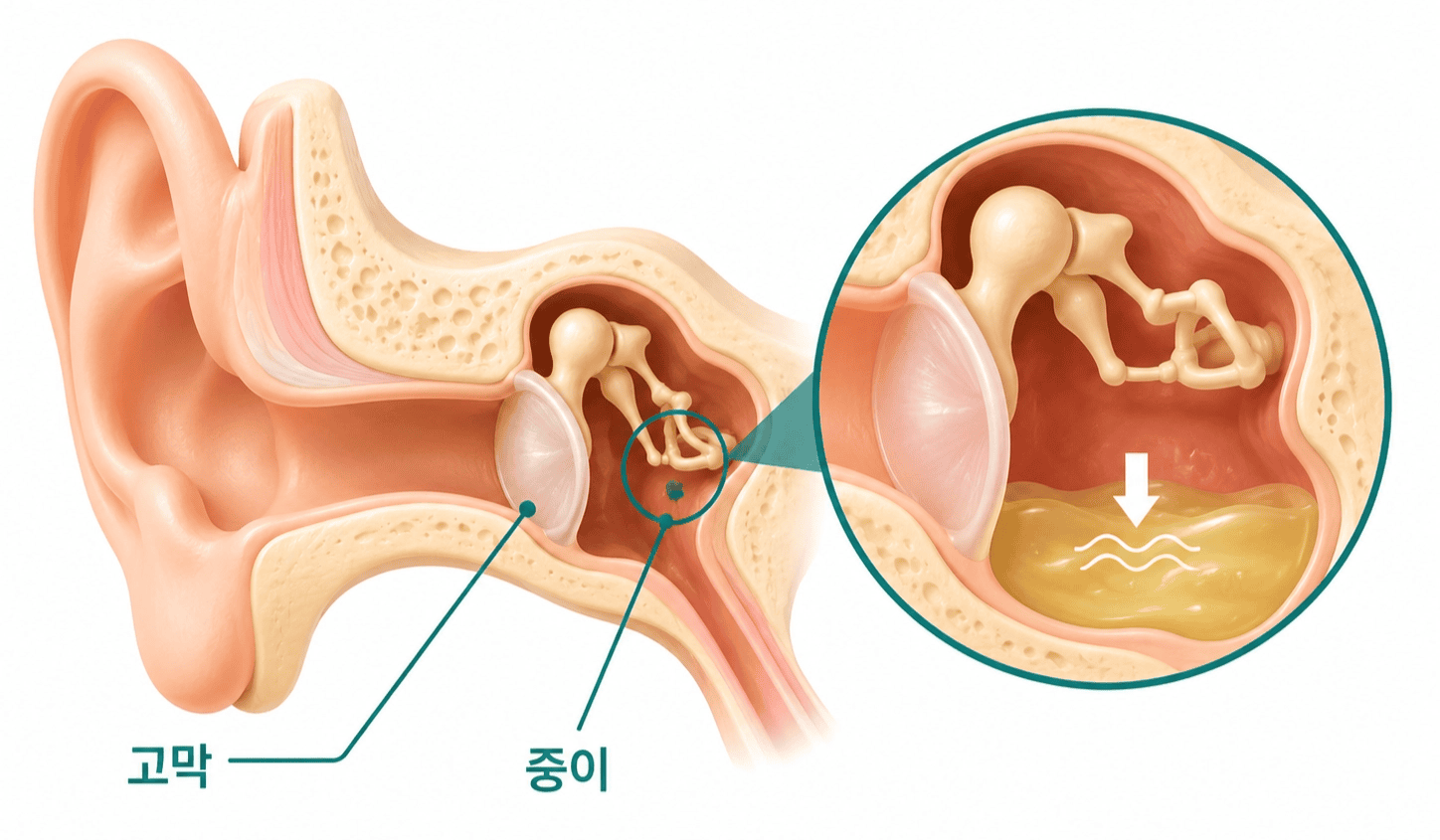 귀의 중이에 노란 삼출액이 고여 있는 단면.