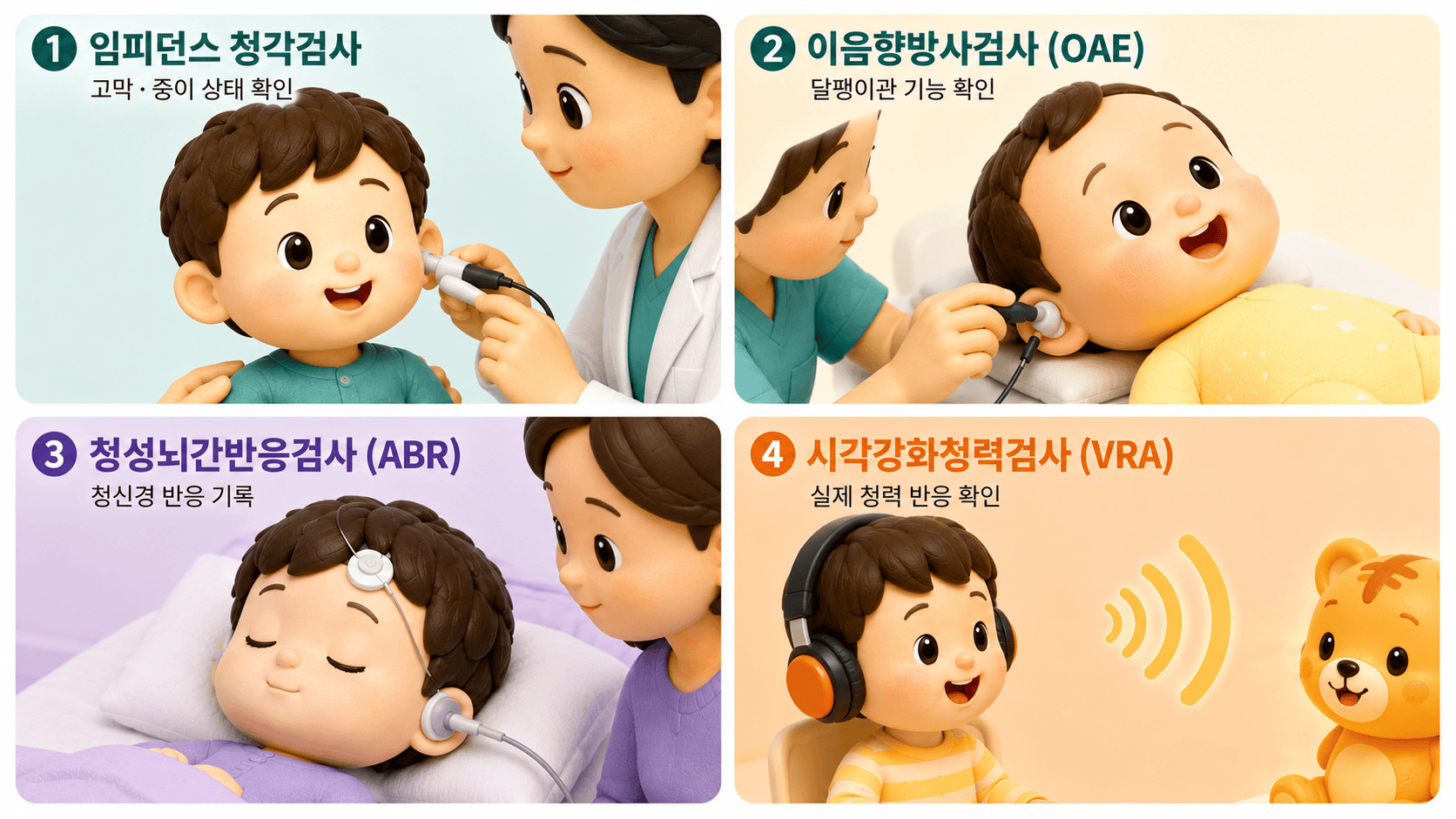 아기 청력 검사를 위해 임피던스, 이음향방사, 청성뇌간반응, 시각강화 검사를 진행.
