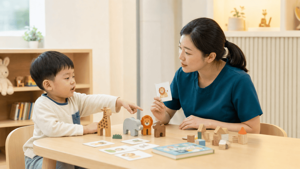 놀이 속에서 자기 말로 표현하는 37개월 아이와 치료사
