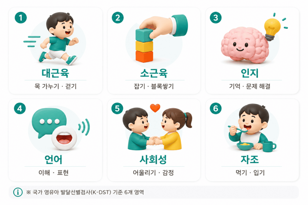 국가 영유아 발달선별검사(K-DST) 기준 6가지 발달 영역 