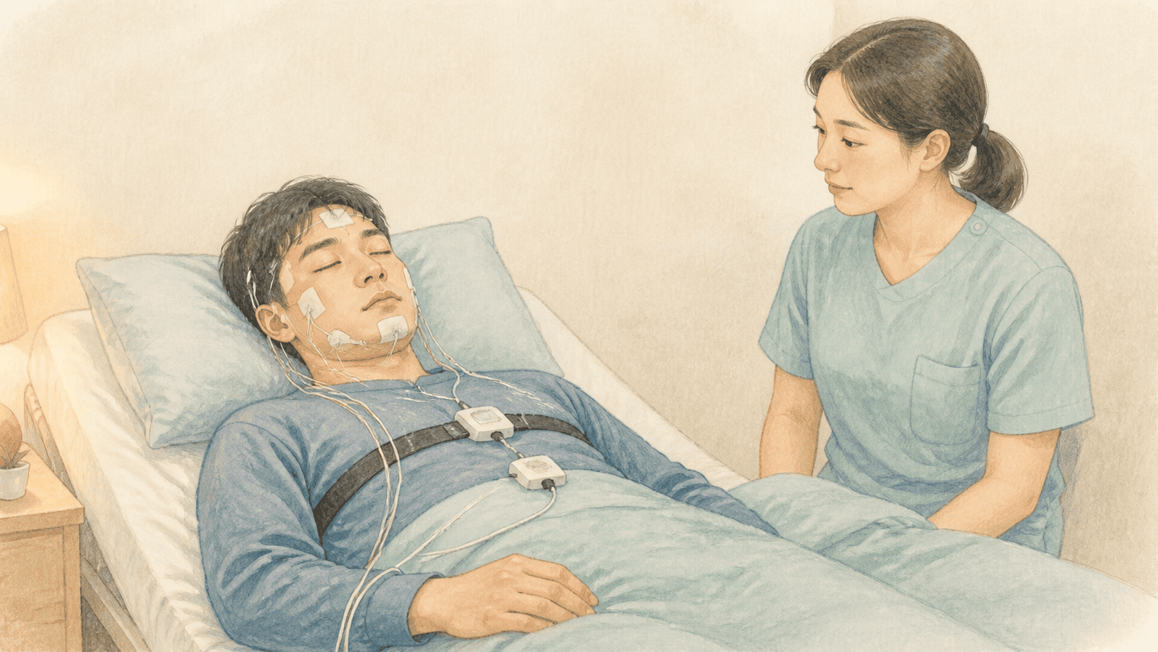잠든 사람과 뇌파, 호흡, 산소포화도, 다리 근전도 신호를 함께 보여 주는 그림