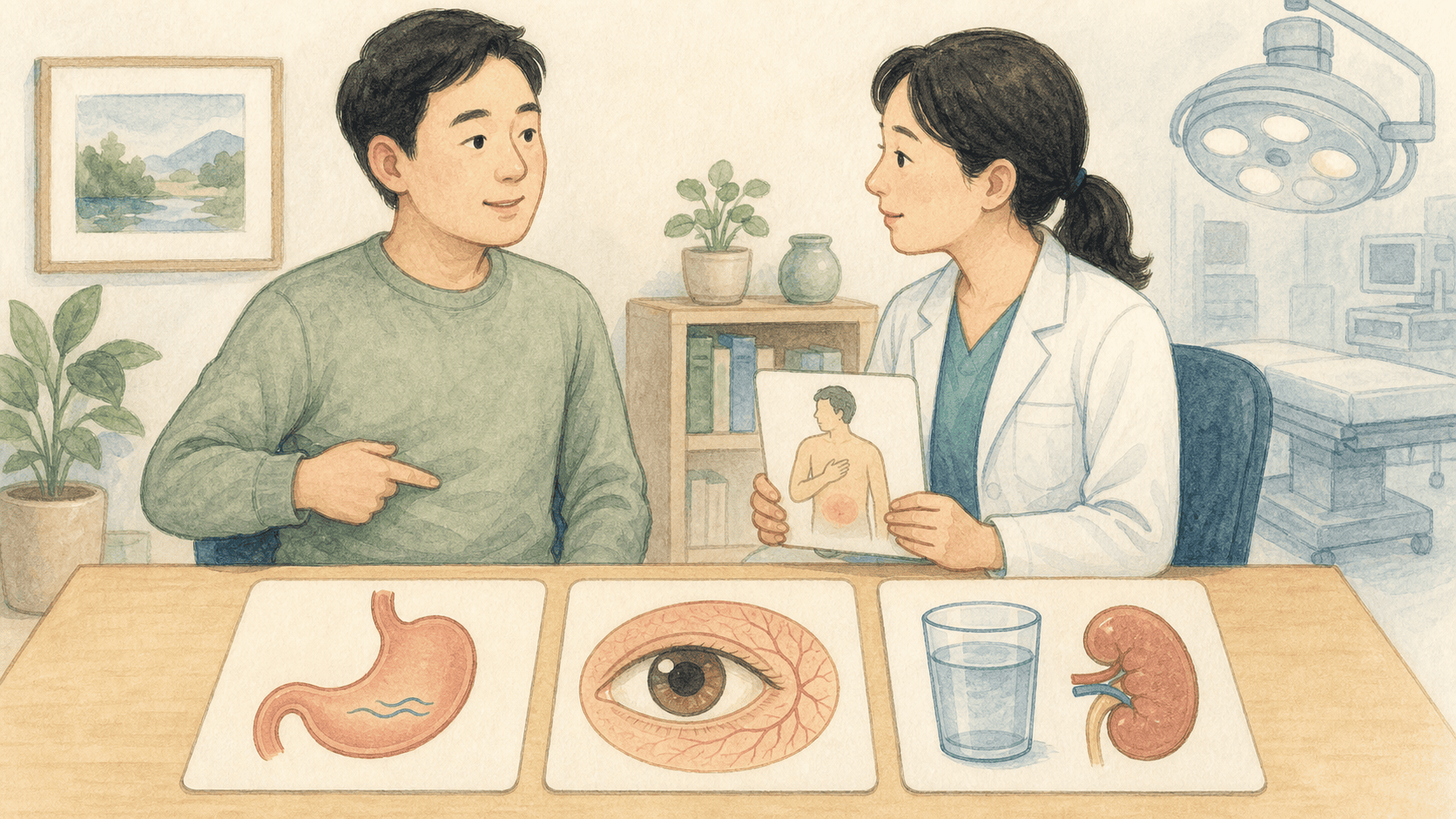 복부 증상과 눈 상태, 수분 섭취와 시술 계획을 확인하는 상담 그림