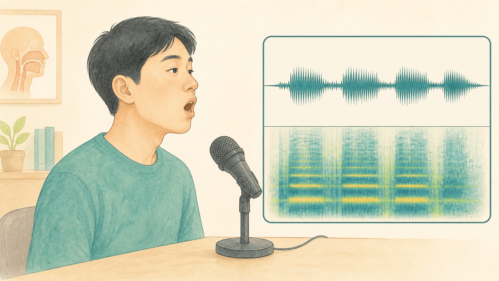 마이크로 목소리를 녹음하고 파형을 분석하는 모습