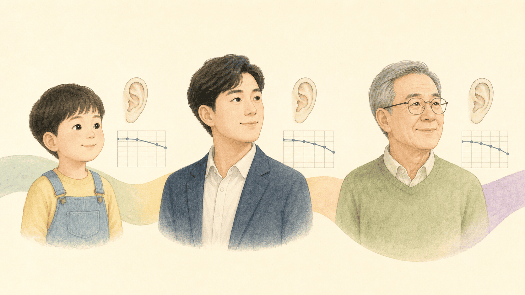 출생 뒤 여러 시기에 난청이 생길 수 있음을 보여 주는 의료 일러스트