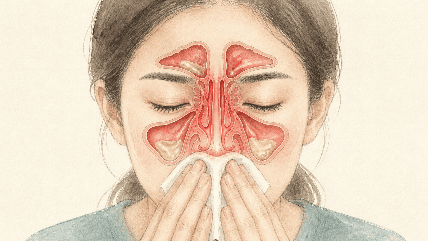 만성 비부비동염이 있는 사람의 코 점막이 평소보다 붓고 공기 통로가 좁아진 그림