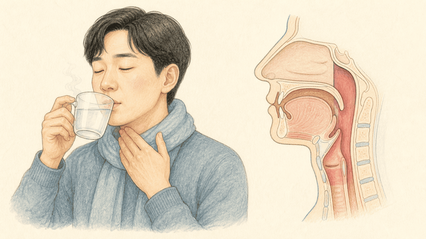 목이 따갑고 목소리가 쉰 사람과 인후두 부위를 함께 보여 주는 그림