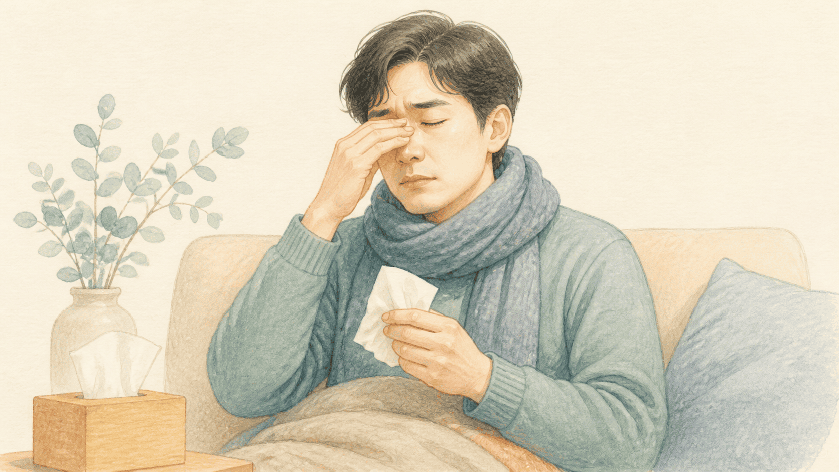 감기 초기의 가벼운 코 불편이 계속되는 코막힘과 뺨 압박감으로 이어진 두 장면
