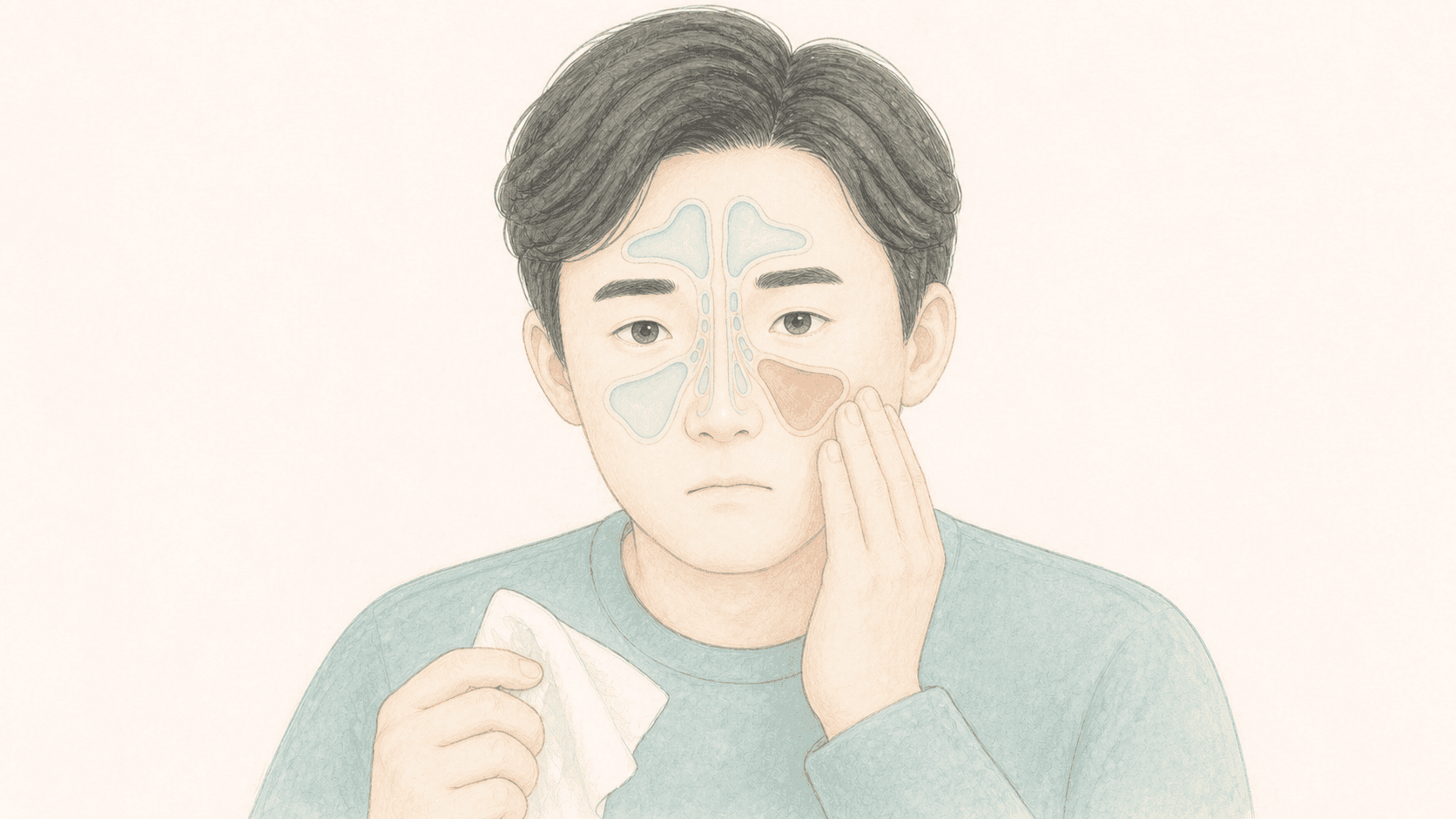 감기 뒤 코막힘과 콧물이 이어지고 뺨 압박감을 느끼는 급성 비부비동염 환자