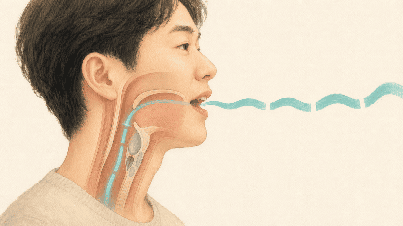 발성 때 후두 통로가 순간 좁아지고 음성이 끊기는 모습