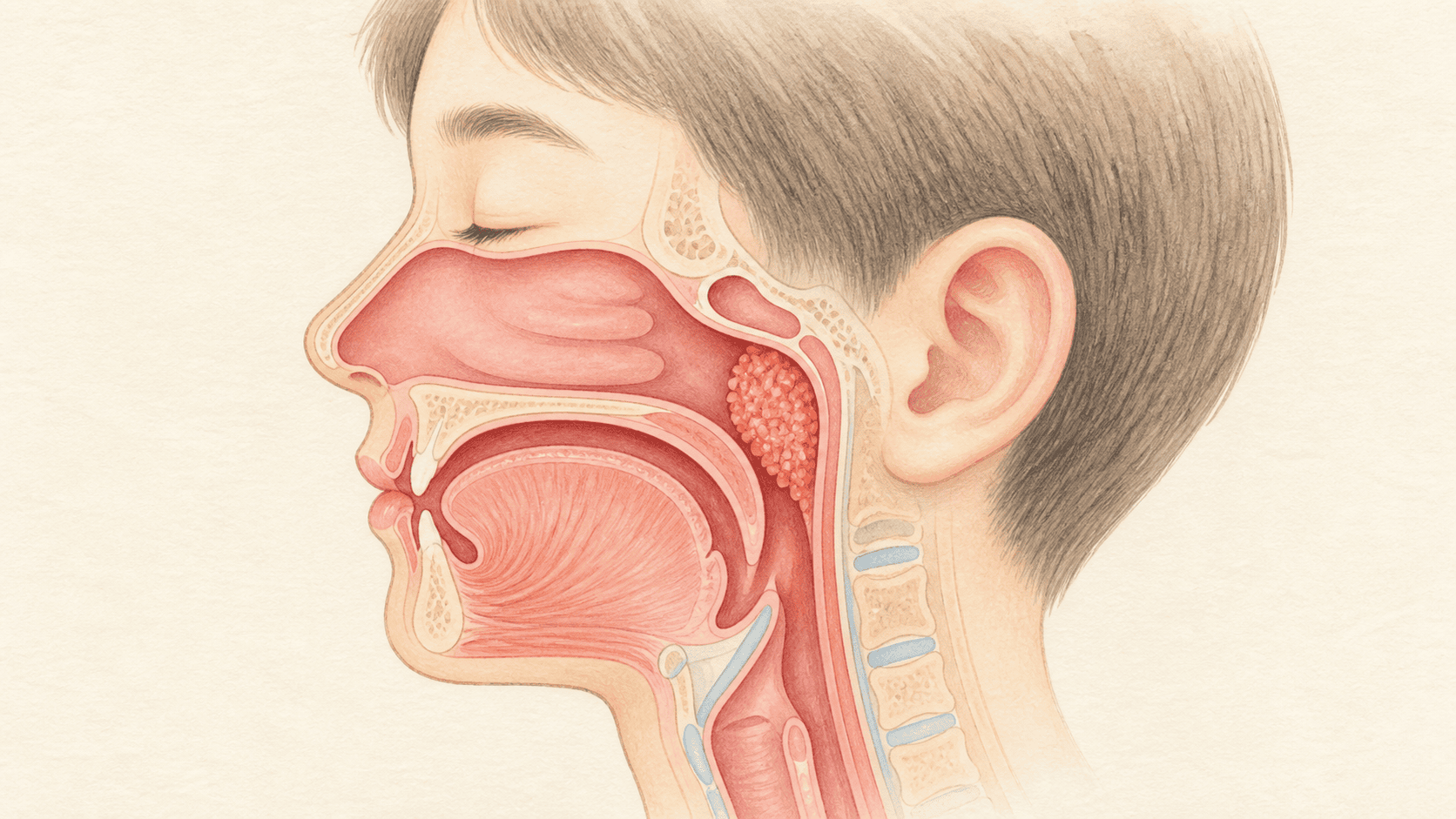 코 뒤 비인두에 있는 아데노이드와 숨길을 보여 주는 옆얼굴 단면 그림