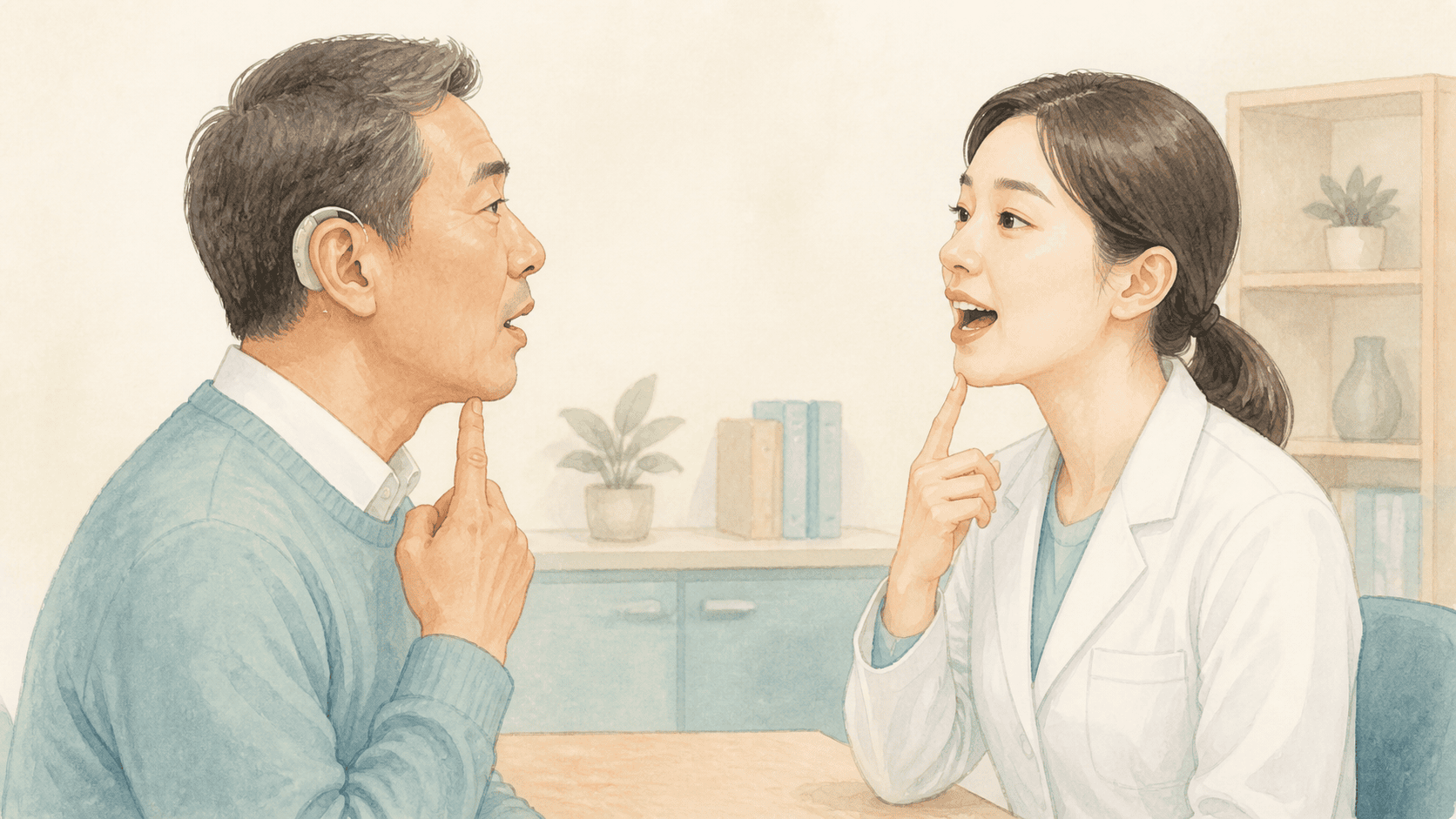 보청기를 착용하고 말소리 구별을 연습하는 성인