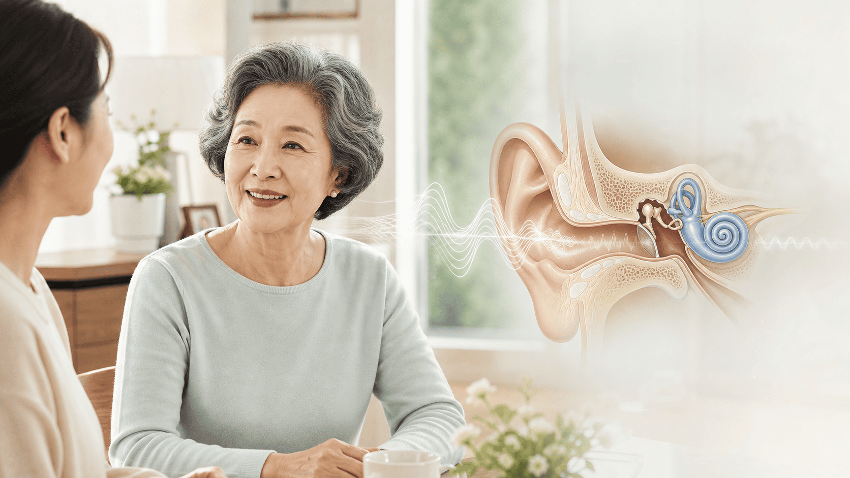 가족과 대화하는 어르신과 귀 안의 달팽이관 및 청각 신호를 보여 주는 노인성 난청 의료 일러스트