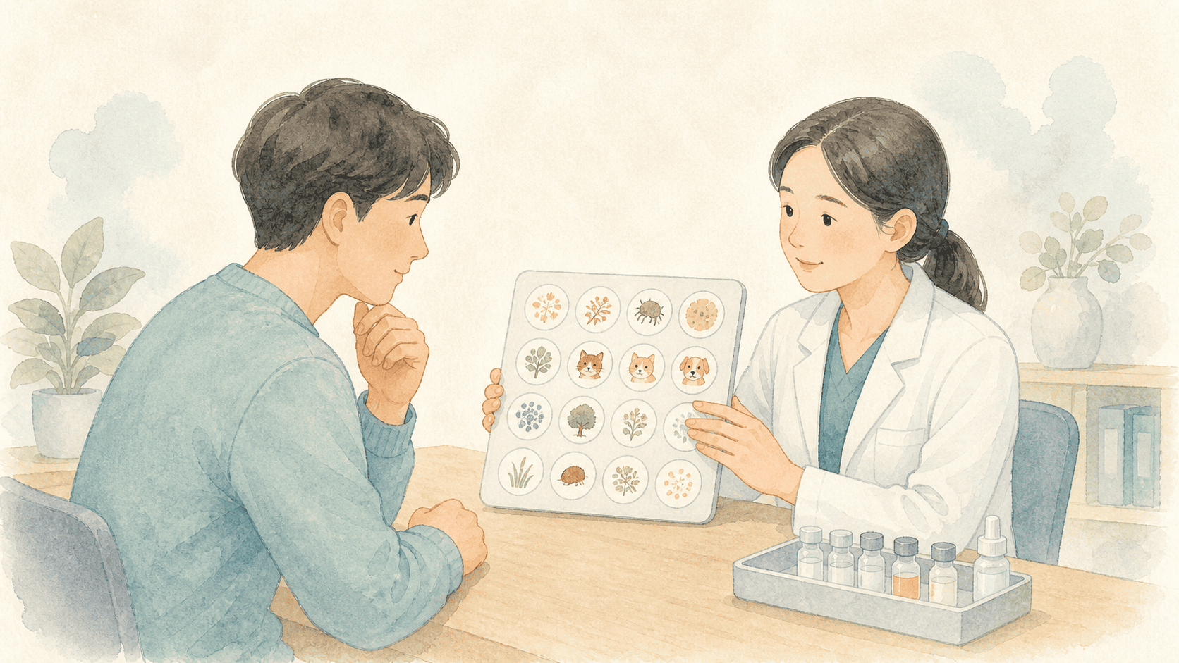 알레르기 비염 환자와 의료진이 검사 결과를 보며 치료 계획을 상담하는 그림