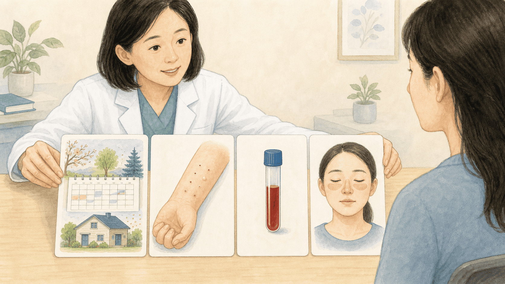 노출 기록과 피부 및 혈액검사 결과를 증상 기록과 비교하는 흐름