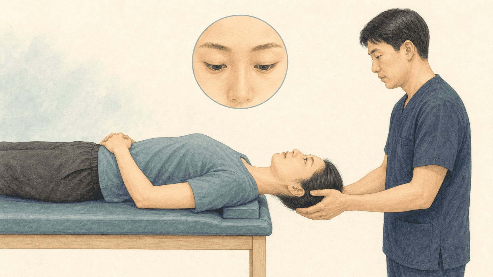 진료진이 환자의 머리와 목을 받친 채 안전하게 머리매달기 검사를 하고 눈 움직임을 관찰하는 장면