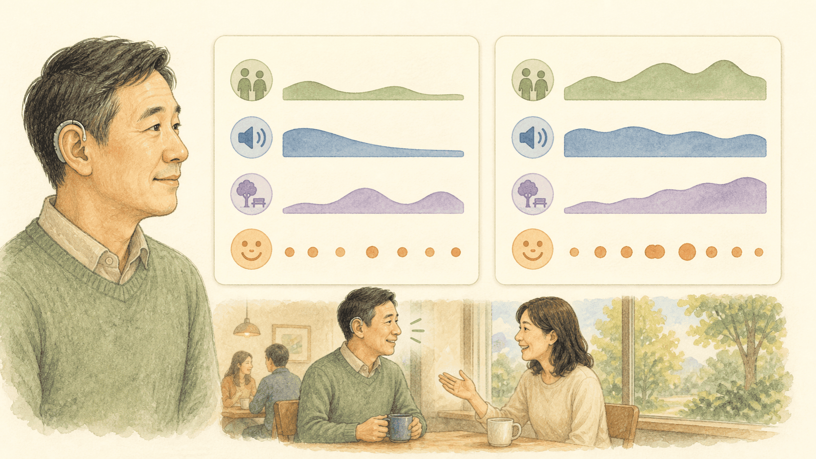 보청기 착용 전과 착용 뒤의 생활 경험을 네 하위 척도로 비교하는 일러스트
