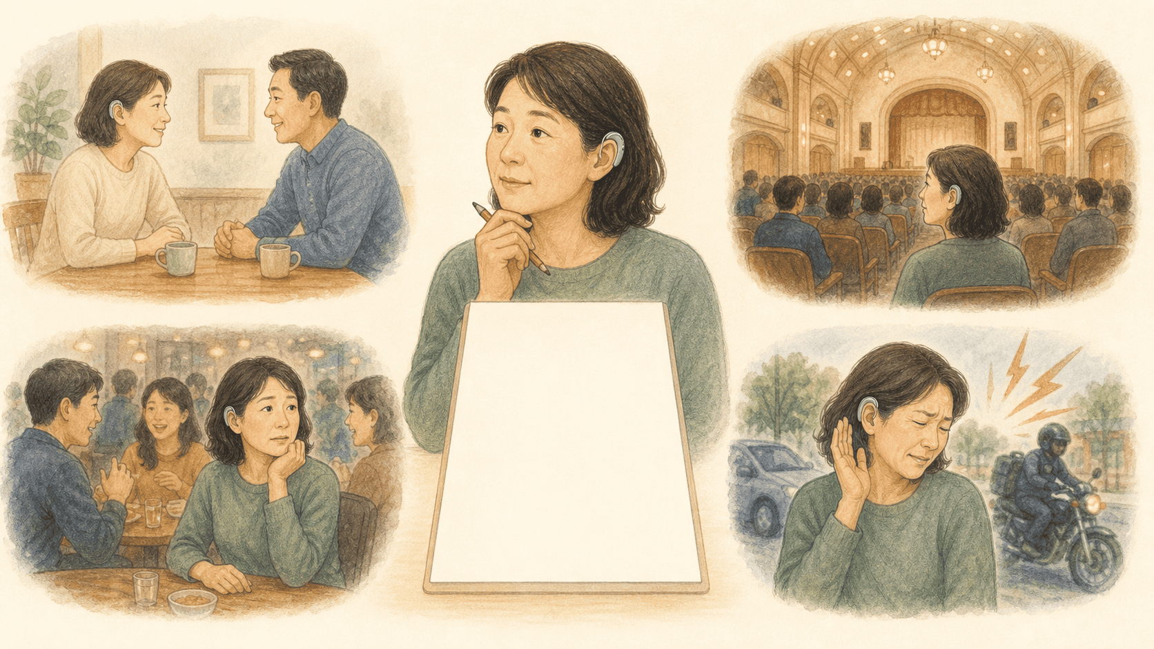 조용한 대화와 울리는 공간, 배경소음과 큰 환경음을 설문지 주변에 보여 주는 일러스트