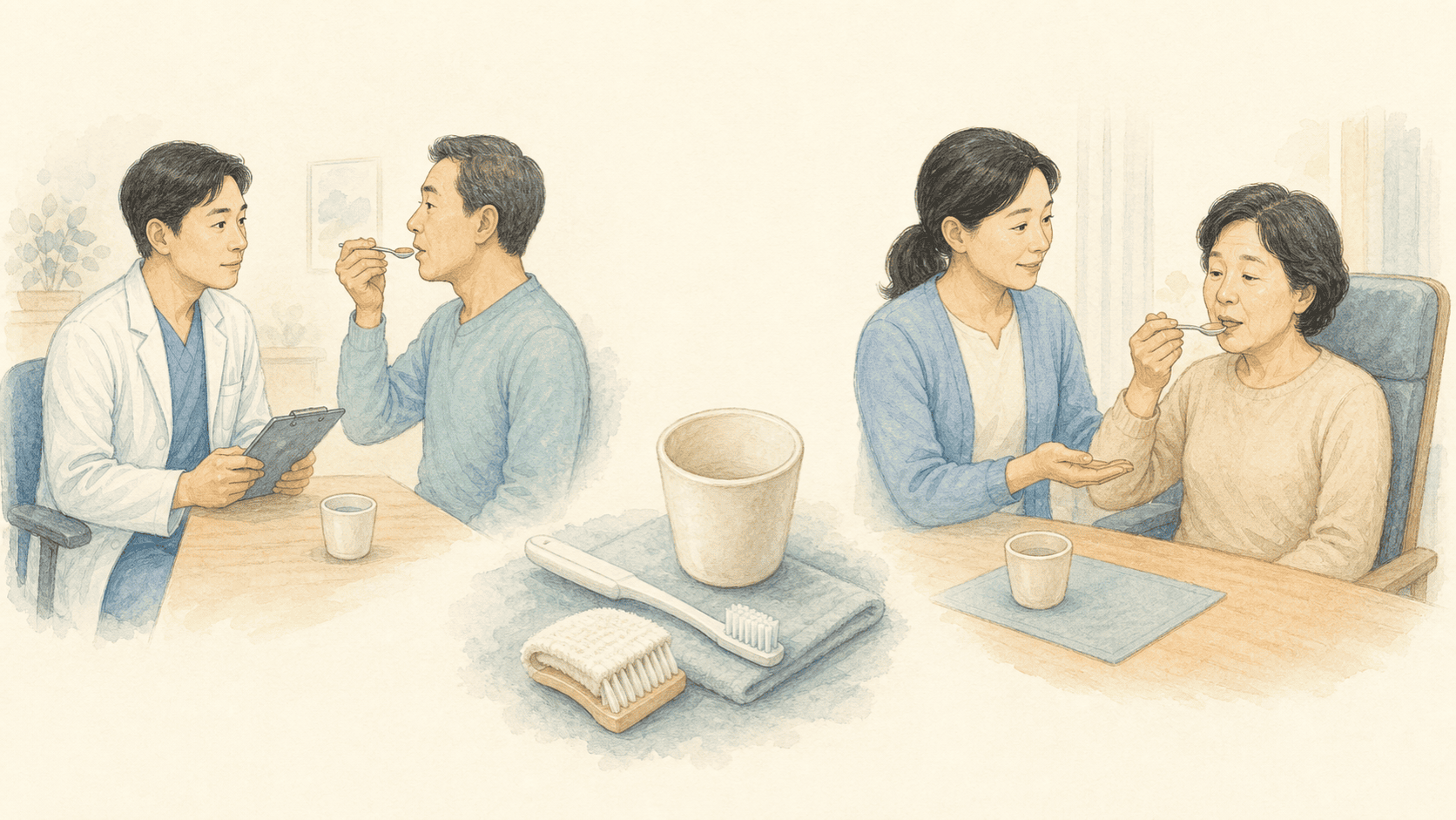 임상 연하평가와 구강 관리, 안정된 자세의 소량 식사를 보여 주는 세 장면