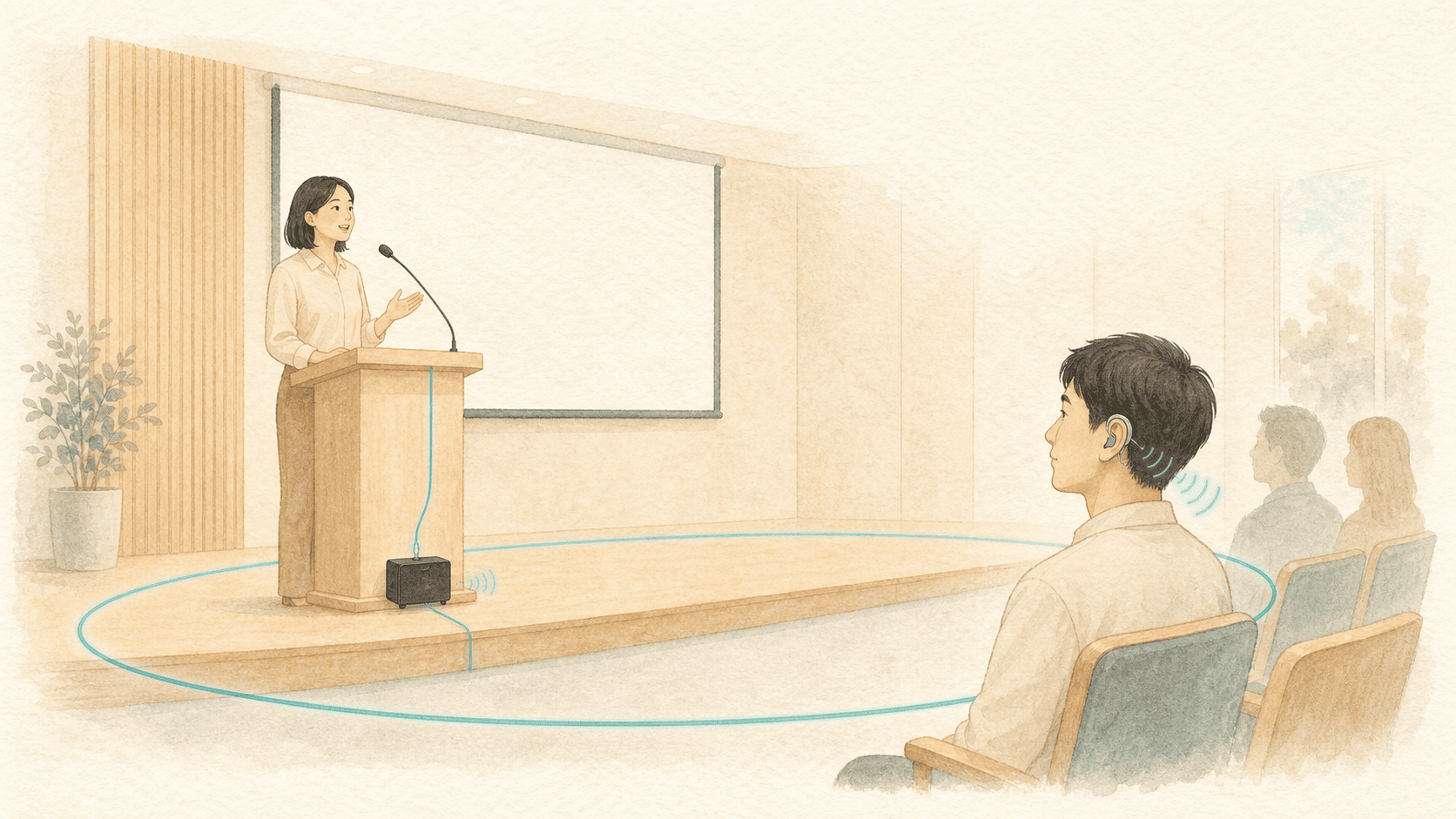 강연장 바닥 청각 루프로 발표를 듣는 청취자 그림
