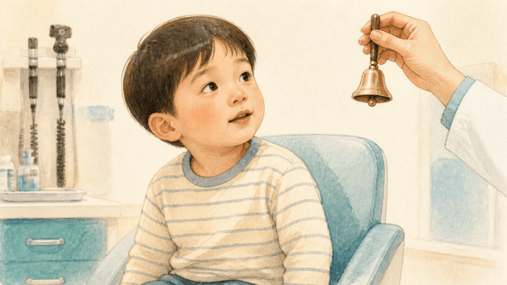아이의 귀로 들어온 두 소리가 청각신경을 따라 뇌에서 구별되는 모습을 보여 주는 그림