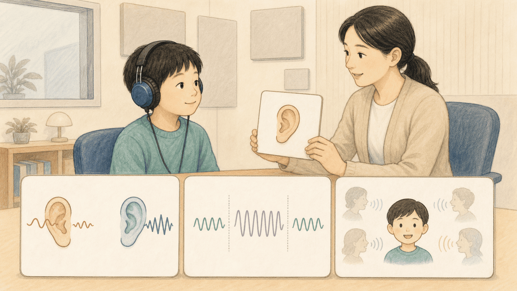 양쪽 귀 듣기와 소음 속 말소리 과제를 포함한 중추청각처리 평가 장면