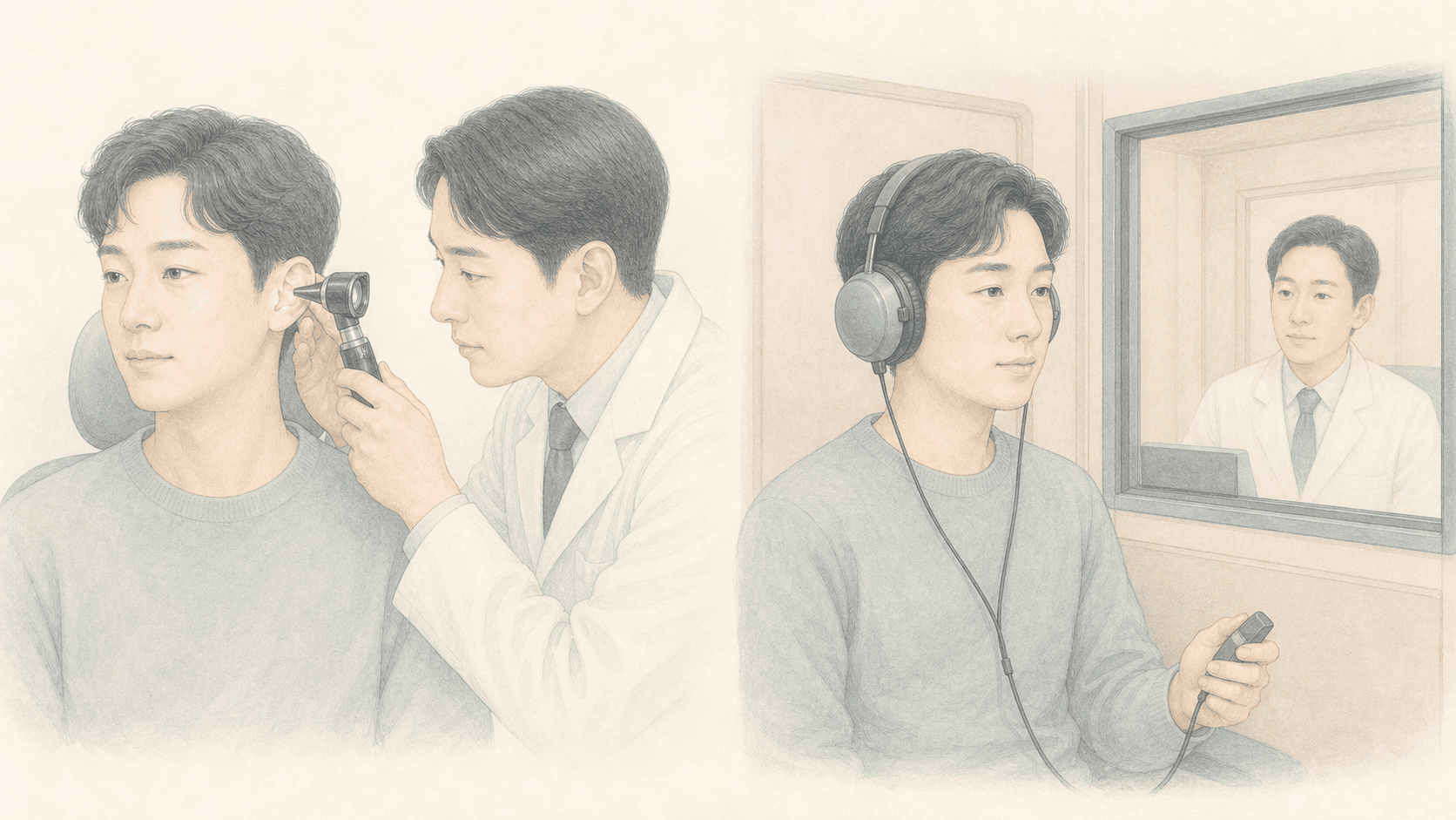 이경검사와 헤드폰 청력검사를 받는 성인을 나누어 보여 주는 2D 의료 일러스트