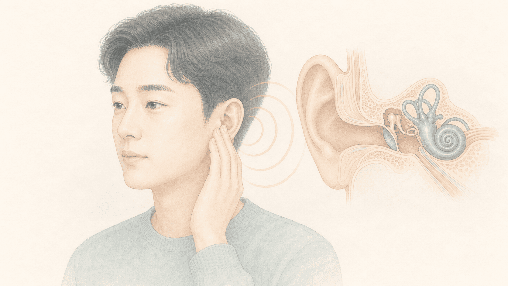 귀 먹먹함을 느끼는 성인과 귀 구조 그림