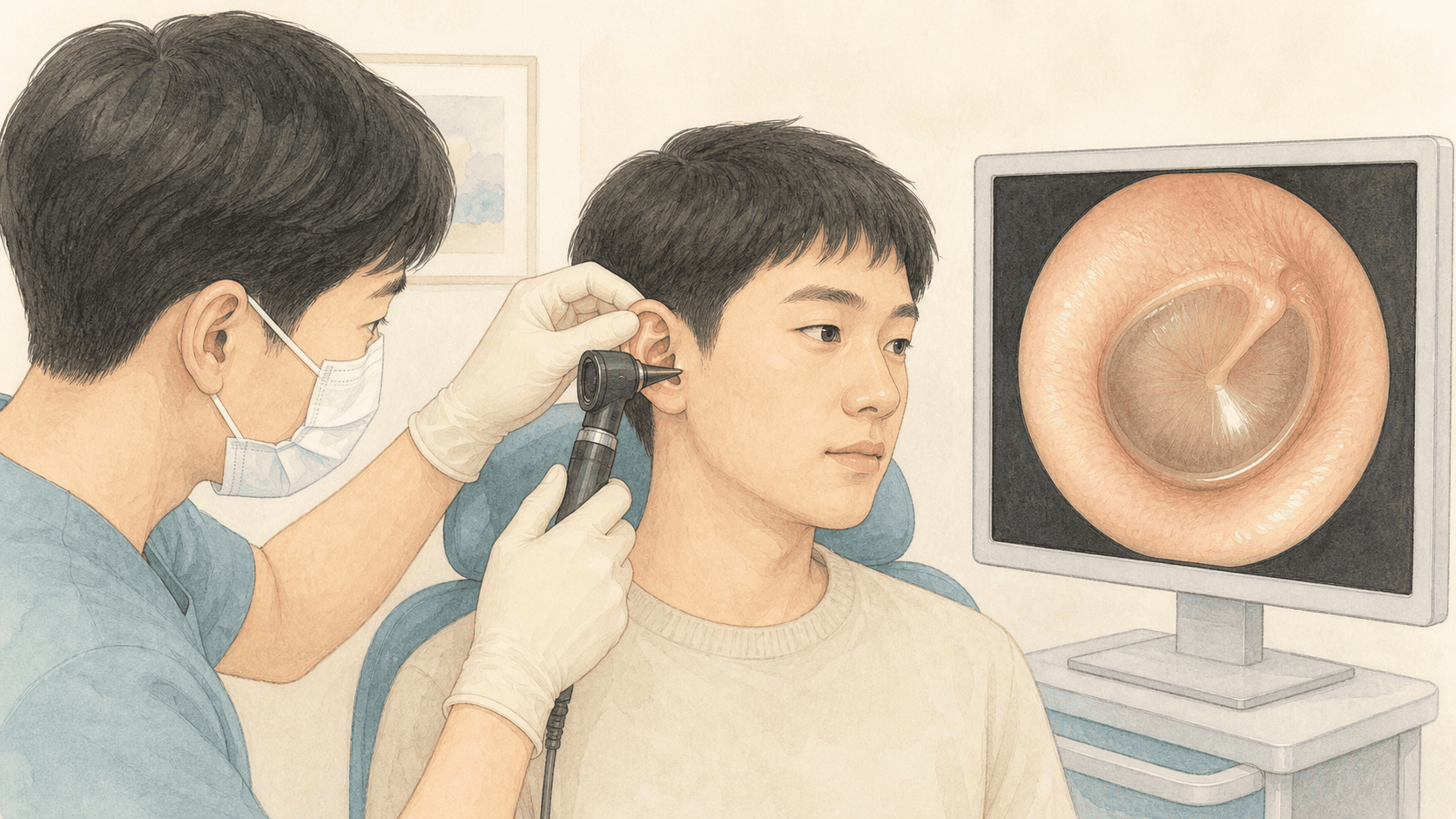 의료진이 귀 내시경으로 외이도와 고막을 확인하는 일러스트