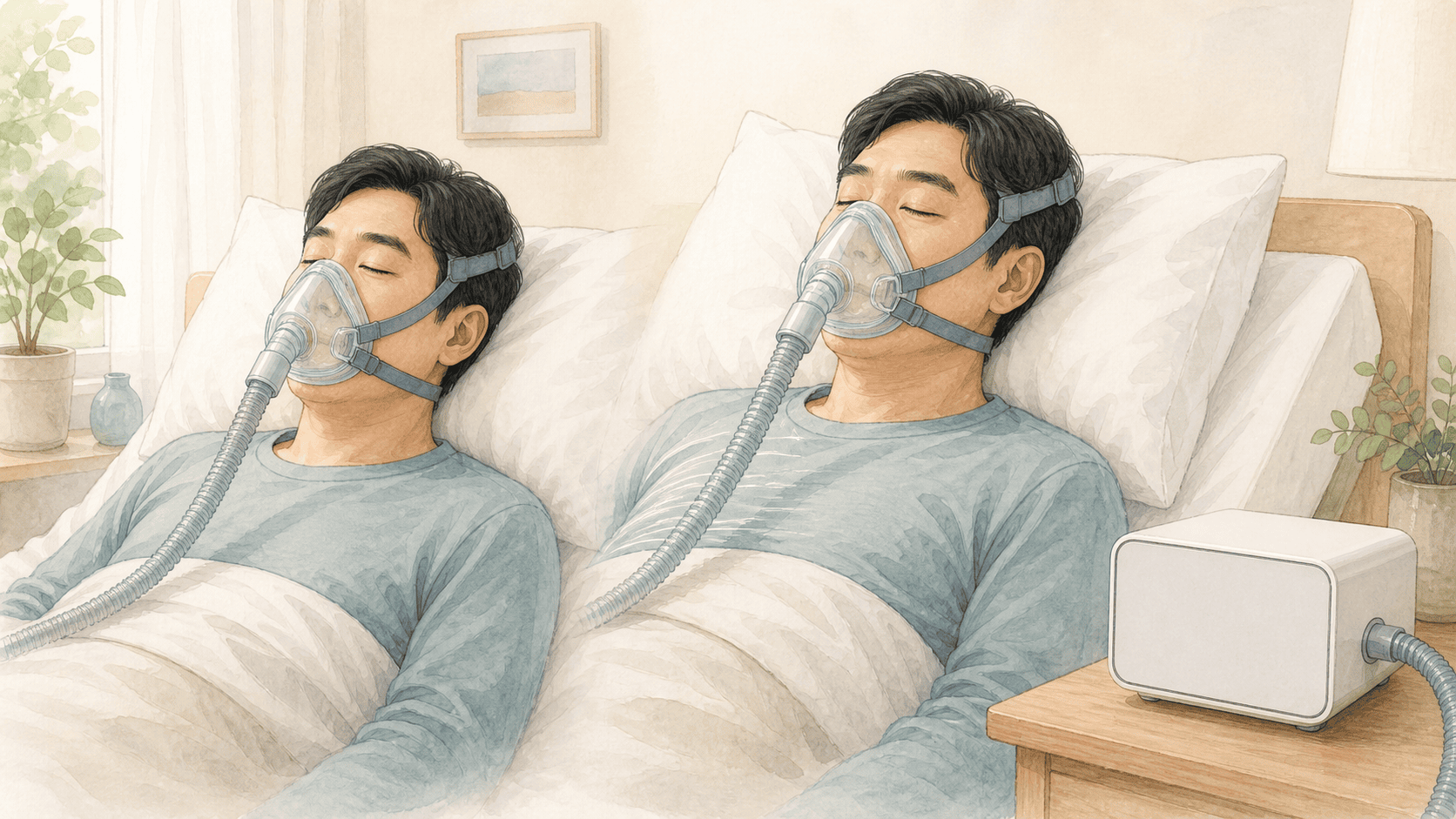 비침습환기 마스크를 쓴 환자가 편안히 숨 쉬고 자발호흡이 부족한 순간 기기가 보조하는 2D 일러스트