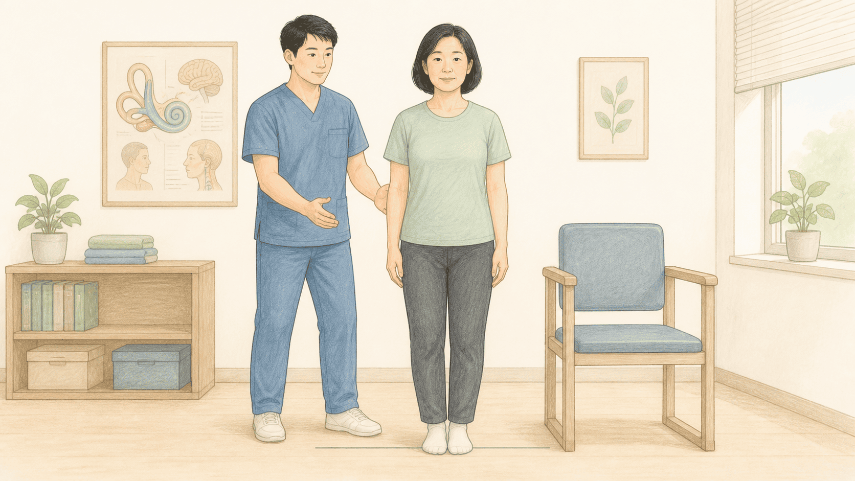 서 있는 환자의 눈 움직임과 보행 및 균형을 살피는 검사 장면
