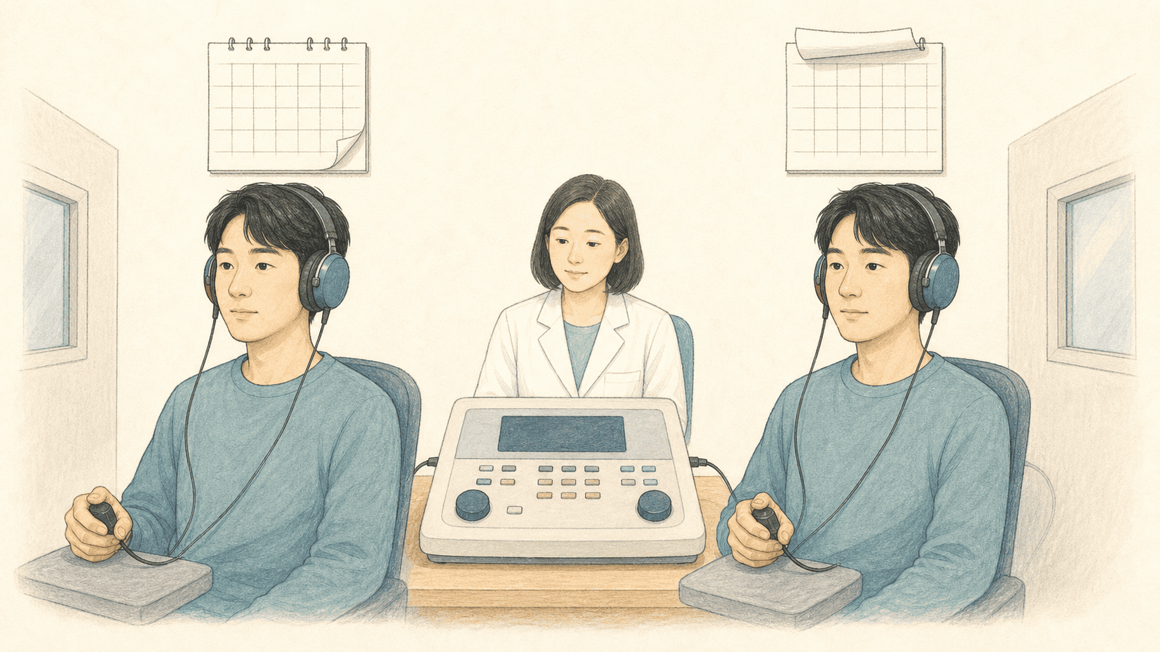 치료 전과 치료 중 청력검사를 반복해 비교하는 모습