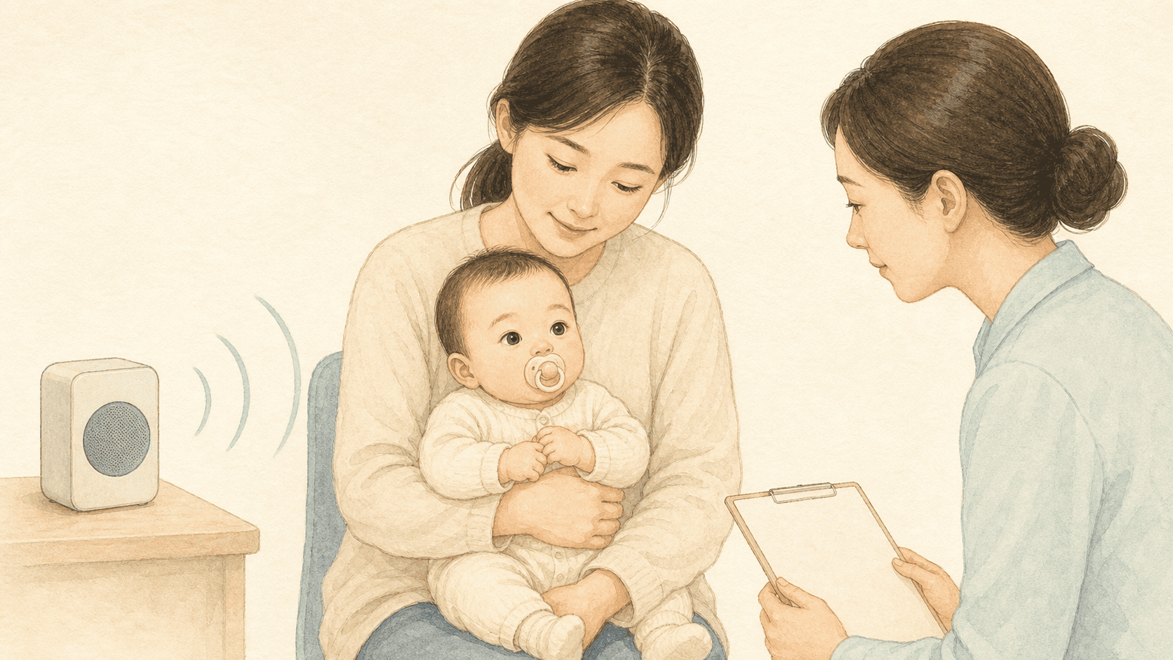 스피커 소리에 빨기를 멈춘 영아를 관찰하는 검사자 그림