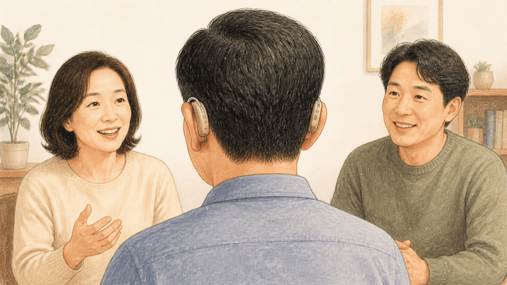 양쪽 귀에 보청기를 착용하고 여러 방향의 대화를 듣는 모습