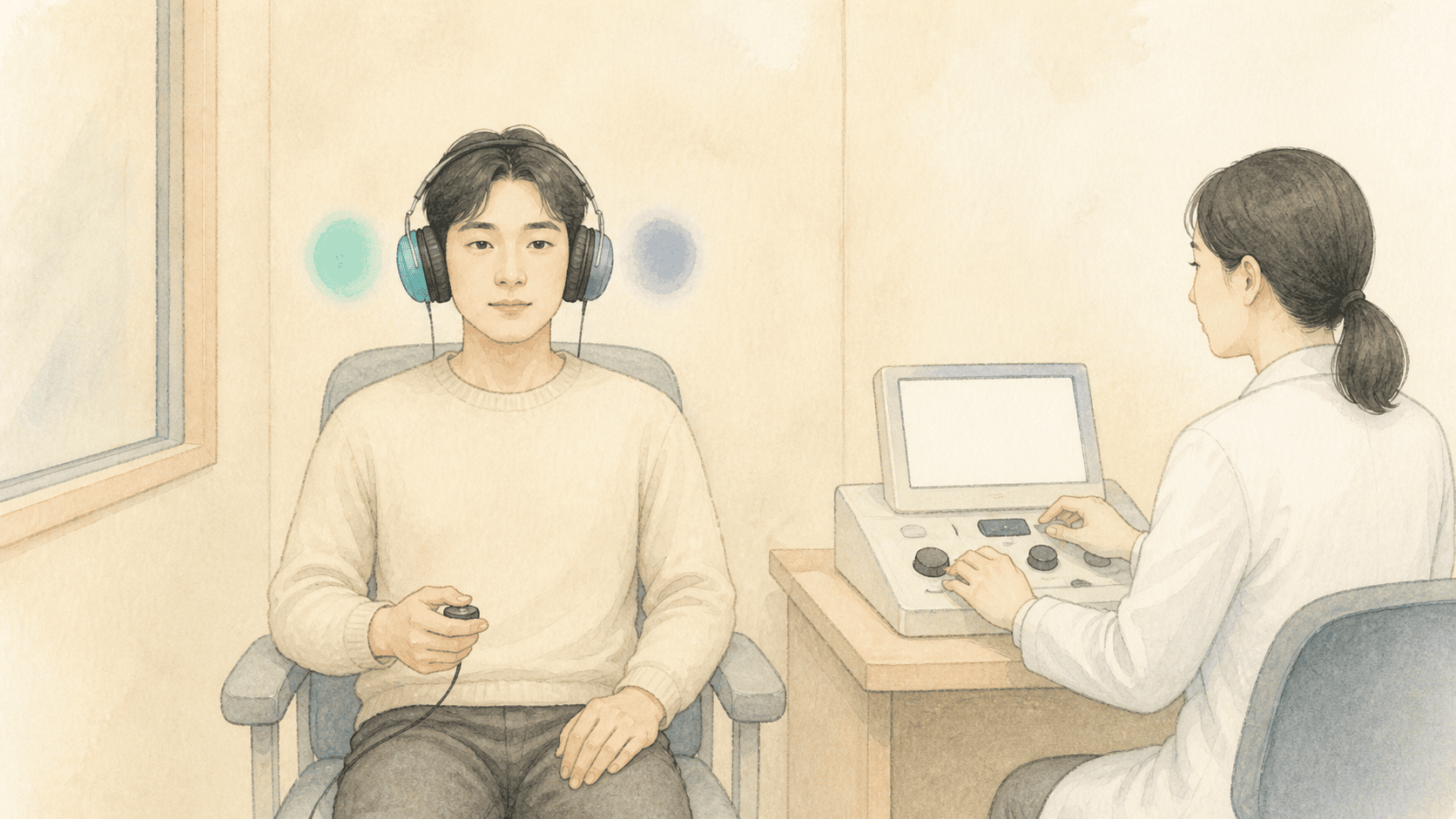양측성 이명에서 양쪽 청력을 각각 확인하는 모습