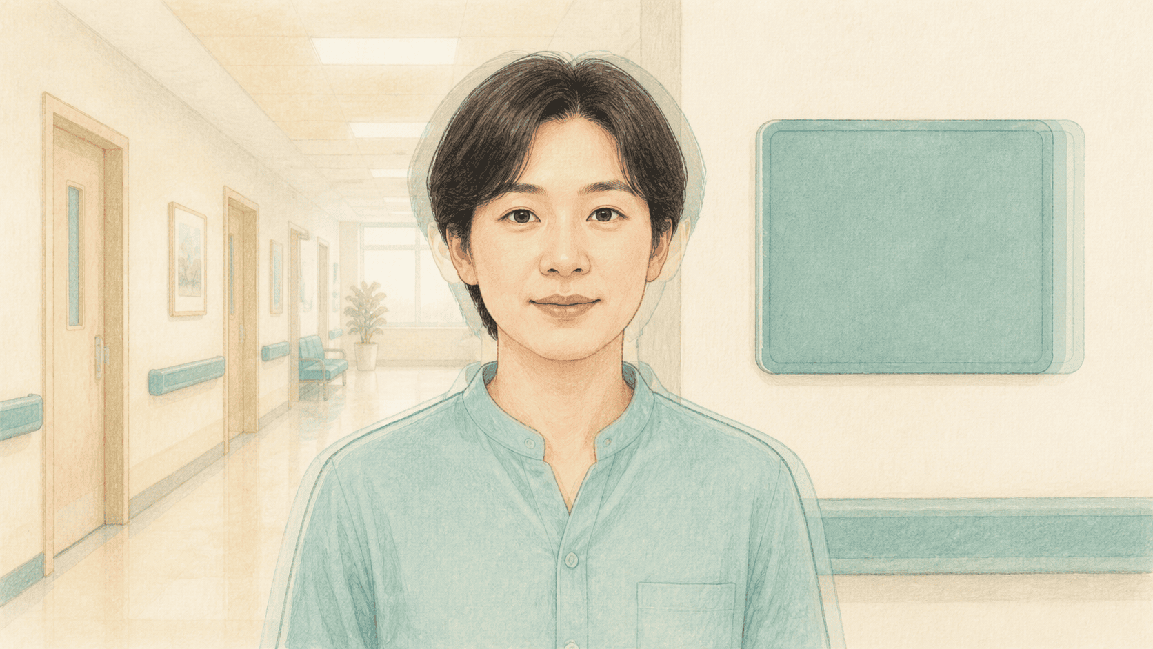 걷는 동안 표지판과 사람 얼굴의 윤곽이 조금 흔들려 보이는 환자 시점 그림