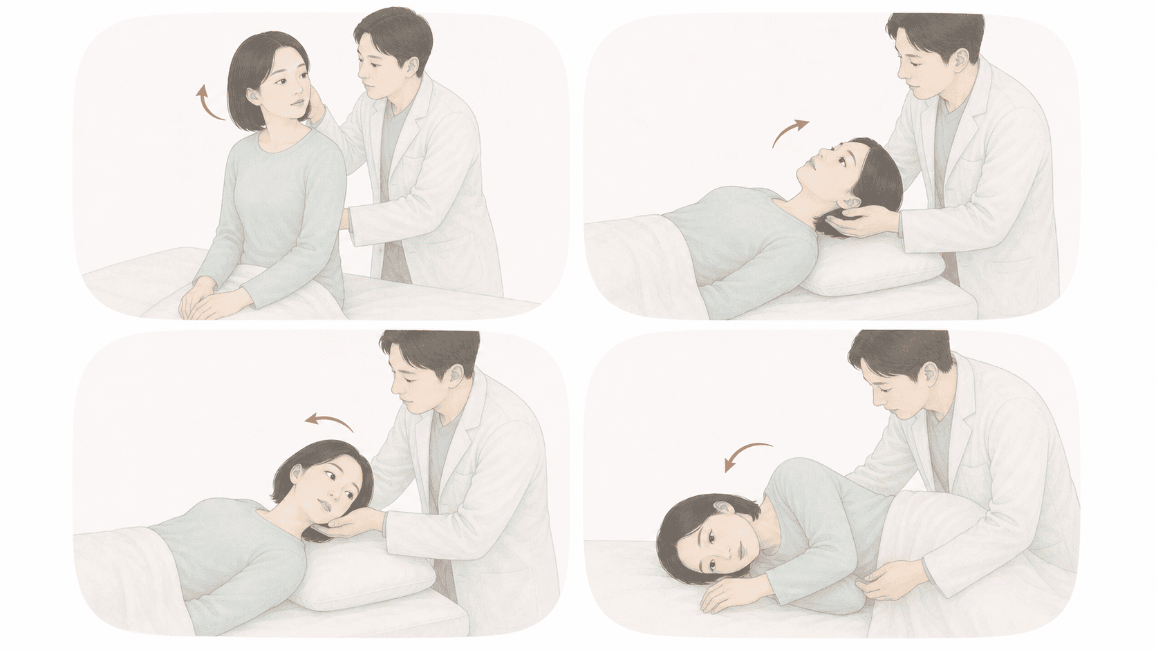 의료진이 이석증 검사와 이석정복술을 위해 환자의 머리와 몸 자세를 단계적으로 바꾸는 일러스트