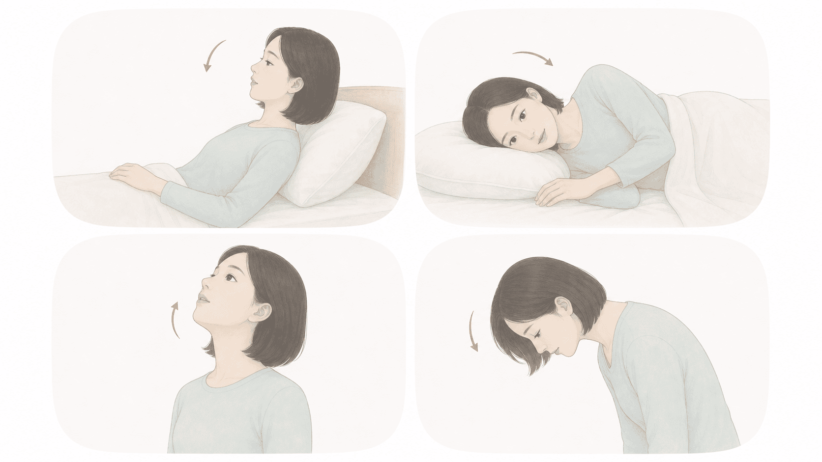눕기, 돌아눕기, 고개를 젖히거나 숙일 때 이석증 어지럼이 생길 수 있음을 보여주는 일러스트