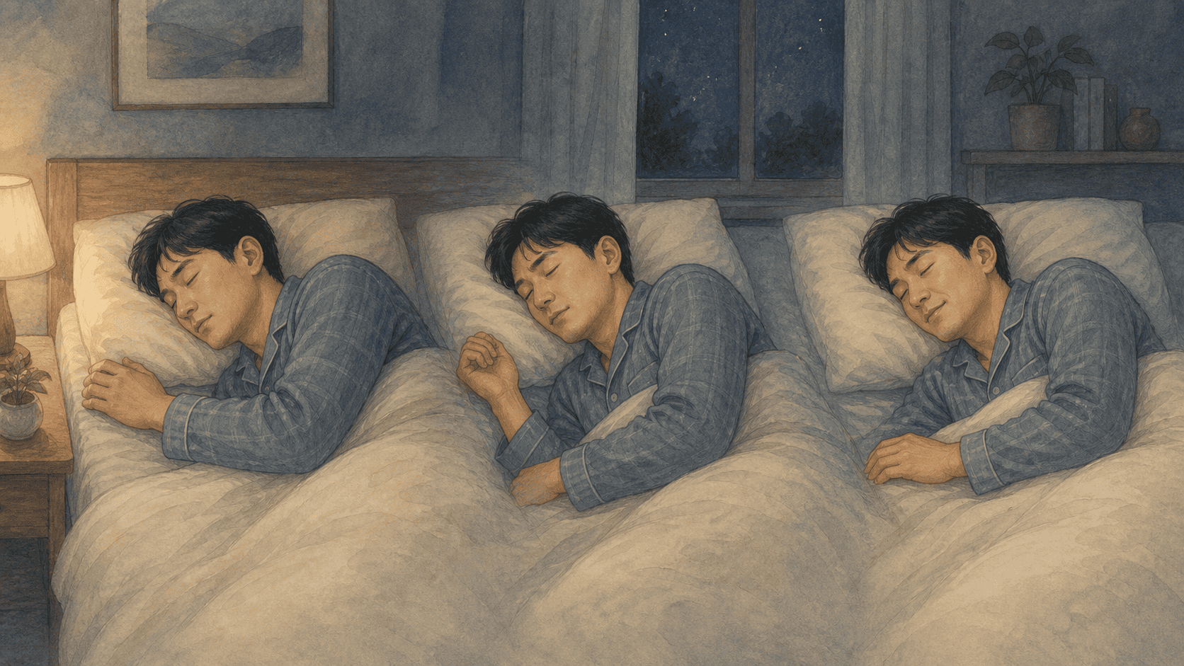 깊이 자던 사람이 눈을 뜨지 않은 채 자세를 미세하게 바꿨다가 다시 편안해지는 연속 장면의 2D 일러스트