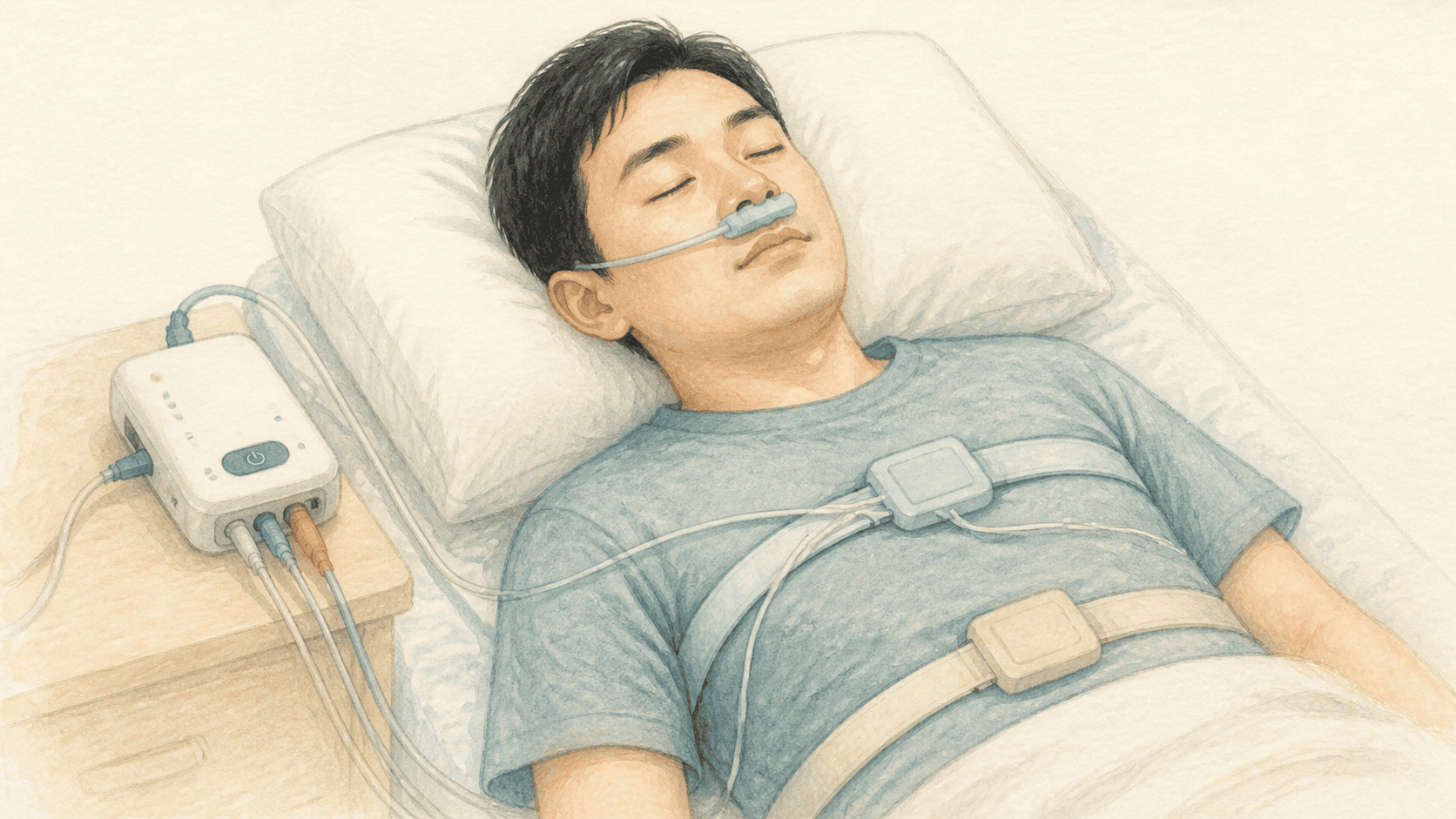 잠든 사람의 기류와 가슴 및 배 움직임에서 중추성 호흡사건을 보여 주는 그림