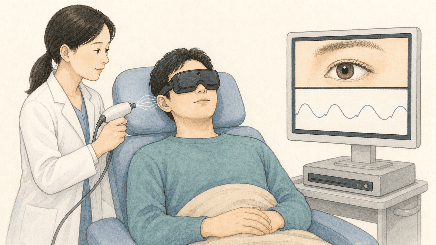 귀에 온도 자극을 주는 온도안진검사 그림