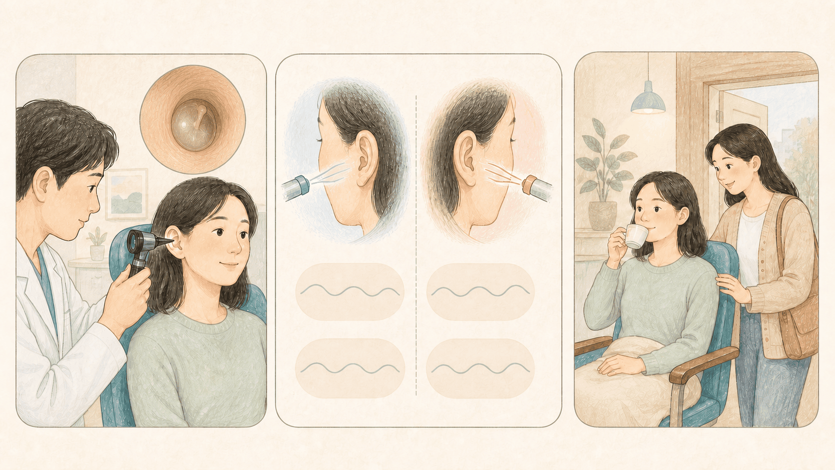 외이도와 고막을 먼저 확인하고 양쪽 귀의 온도 자극 반응을 비교한 뒤 쉬어 가는 2D 일러스트