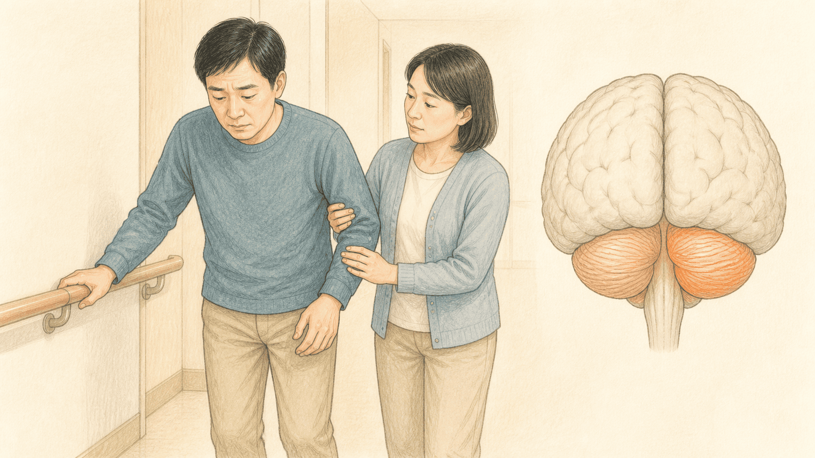 갑자기 중심을 잡기 어려운 사람과 소뇌 위치를 보여 주는 그림