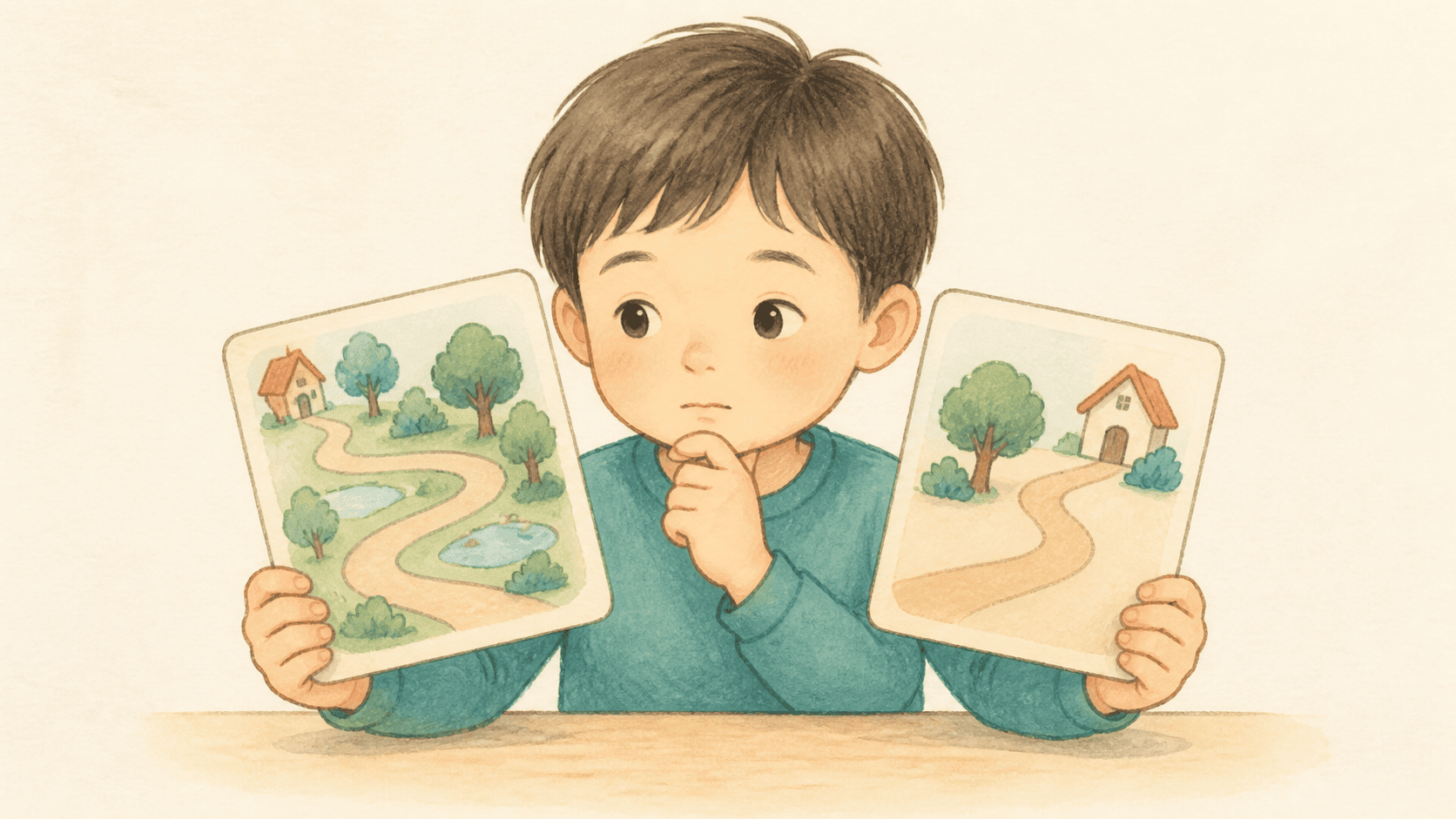 아이가 길찾기 그림 카드와 자신이 고른 카드를 나란히 보며 생각을 점검하는 그림