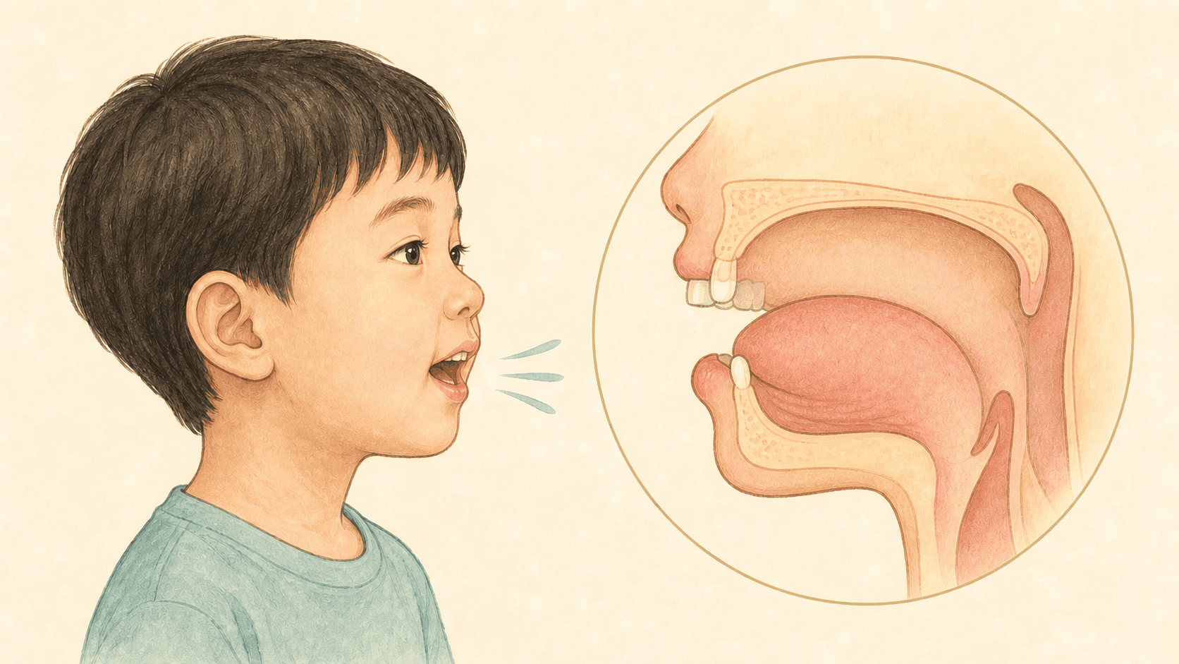 아이가 한 말소리를 내고 옆의 확대창에 입술과 혀의 조음 위치가 보이는 조음장애 2D 의료 일러스트